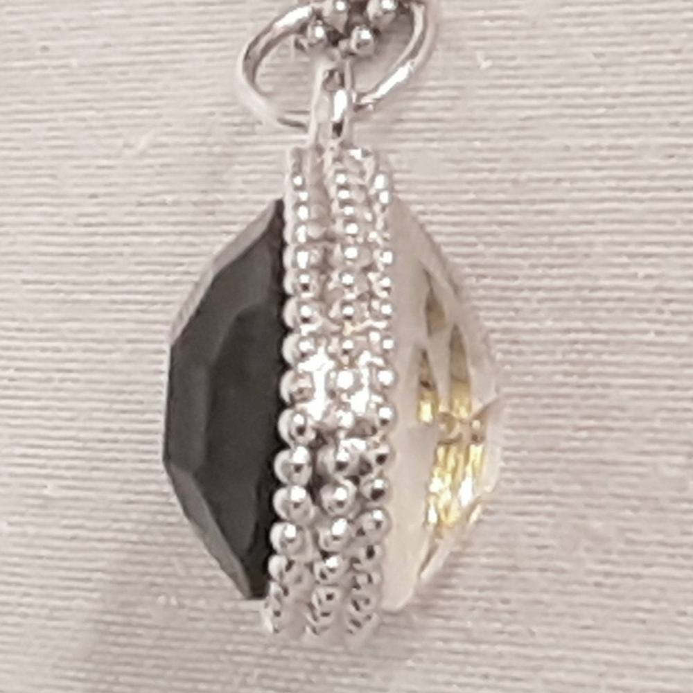 💎SilverTone Double Sided Pendant Necklace Black Clear Stone Crocheted Ball Chain